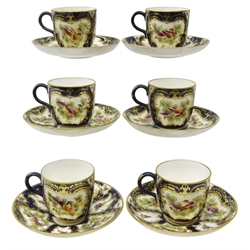  Set of six early 20th century Royal Worcester coffee cups and saucers, decorated with cartouche panels of exotic birds and insects on blue scale ground, painted by George Johnson, pattern no. 2136 (12)  