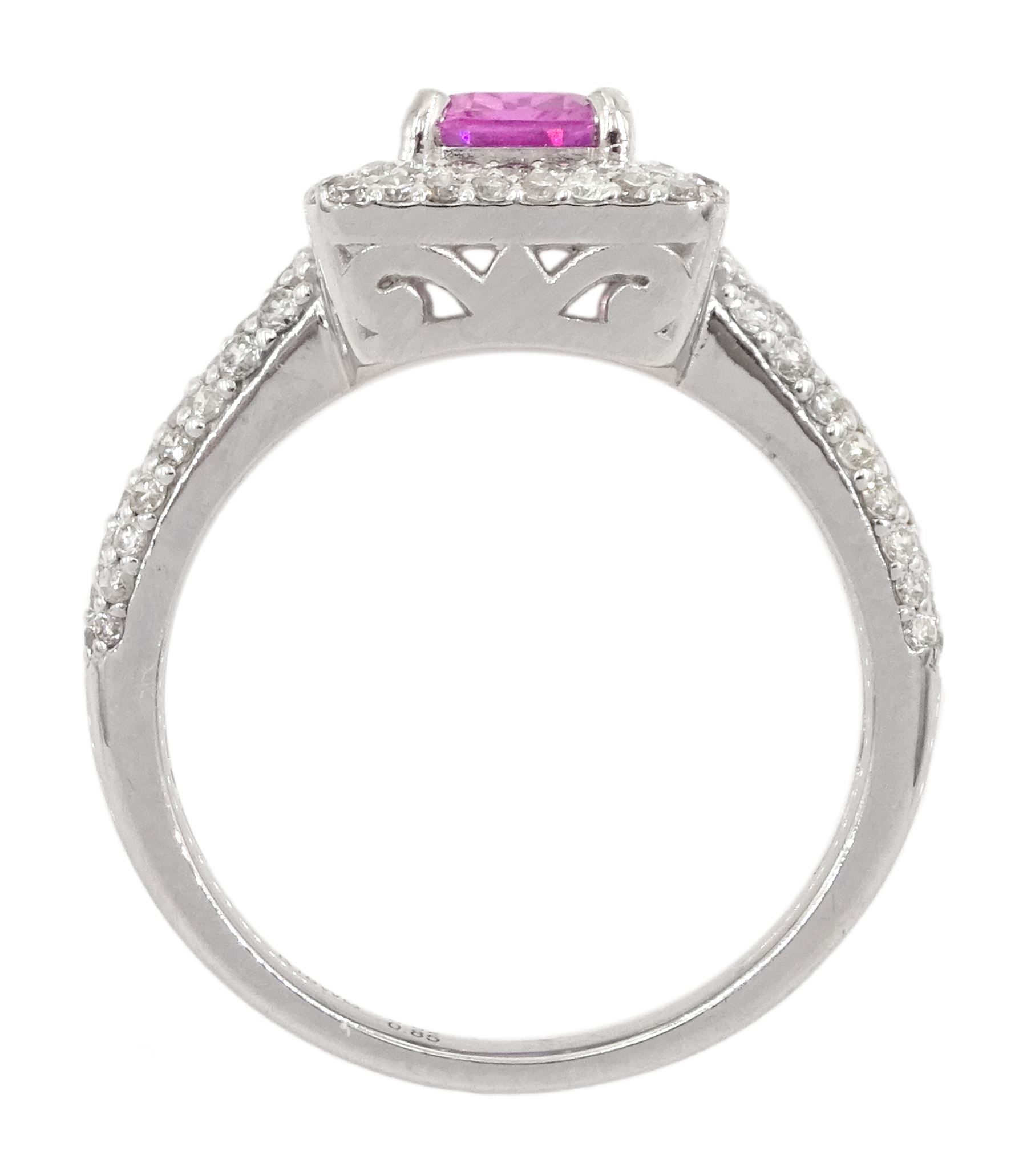 18ct white gold pink sapphire and diamond cluster ring, with diamond set shoulders, stamped sapphire approx 0.85, total diamond weight 0.62