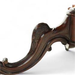 Victorian 19th century burr walnut oval centre table, hinged top above a carved pedestal supported on a scrolled carved quadruped base