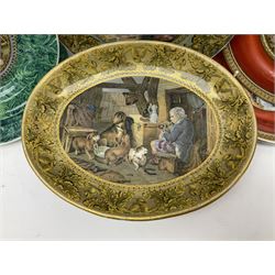 19th century Prattware table ware to include an oval footed dish decorated with a scene after Landseer 'Highland Music', retailed by James Muggleton L27.5cm, ‘The Truant’ plate after T. Webster, 'Blind Man's Buff' & 'Snap Dragon' tea plate, two side plates with malachite printed borders and others (17)