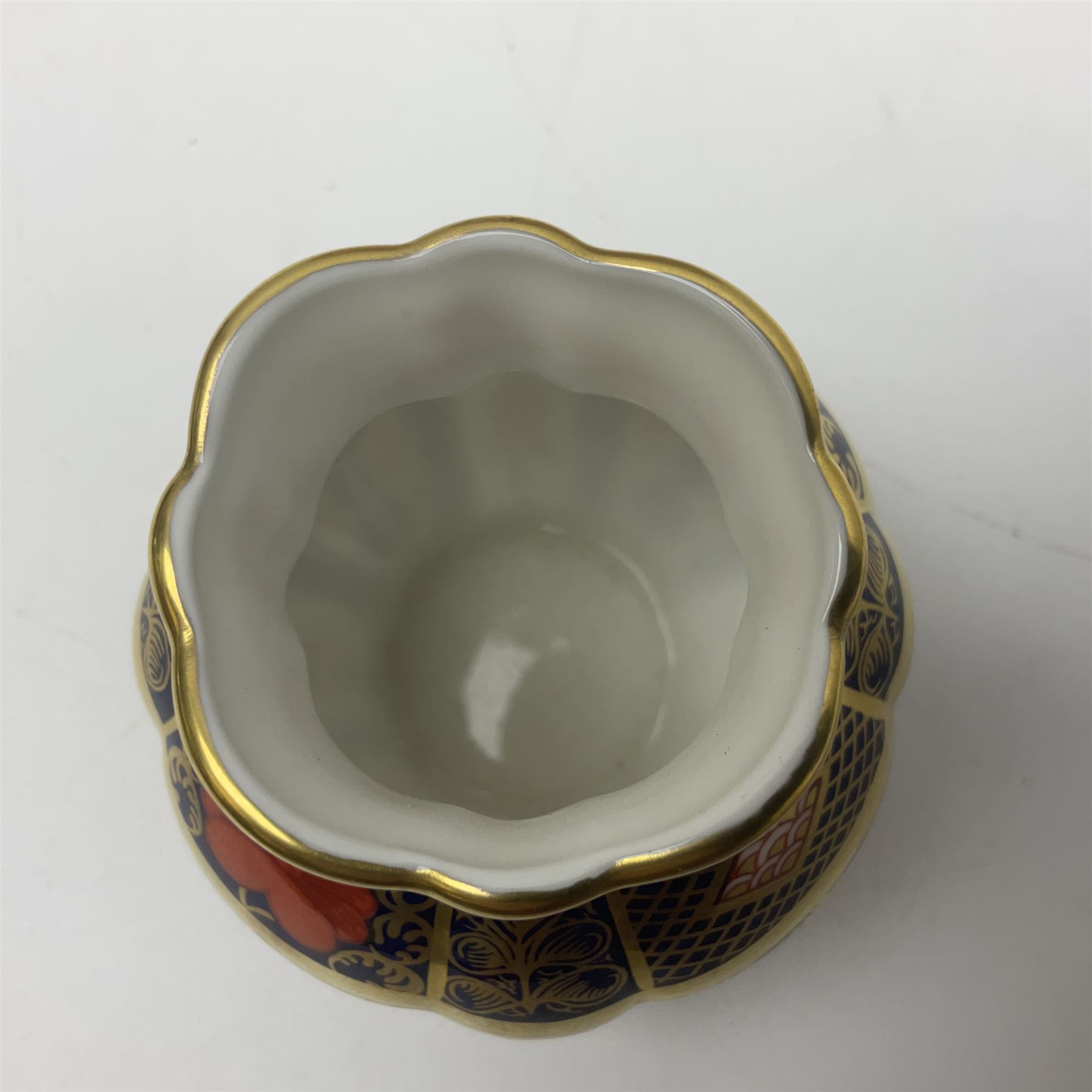 Royal Crown Derby Old Imari pattern miniature vase, coffee can and saucer, teacup and saucer and plate, all with printed mark beneath, vase H8cm 