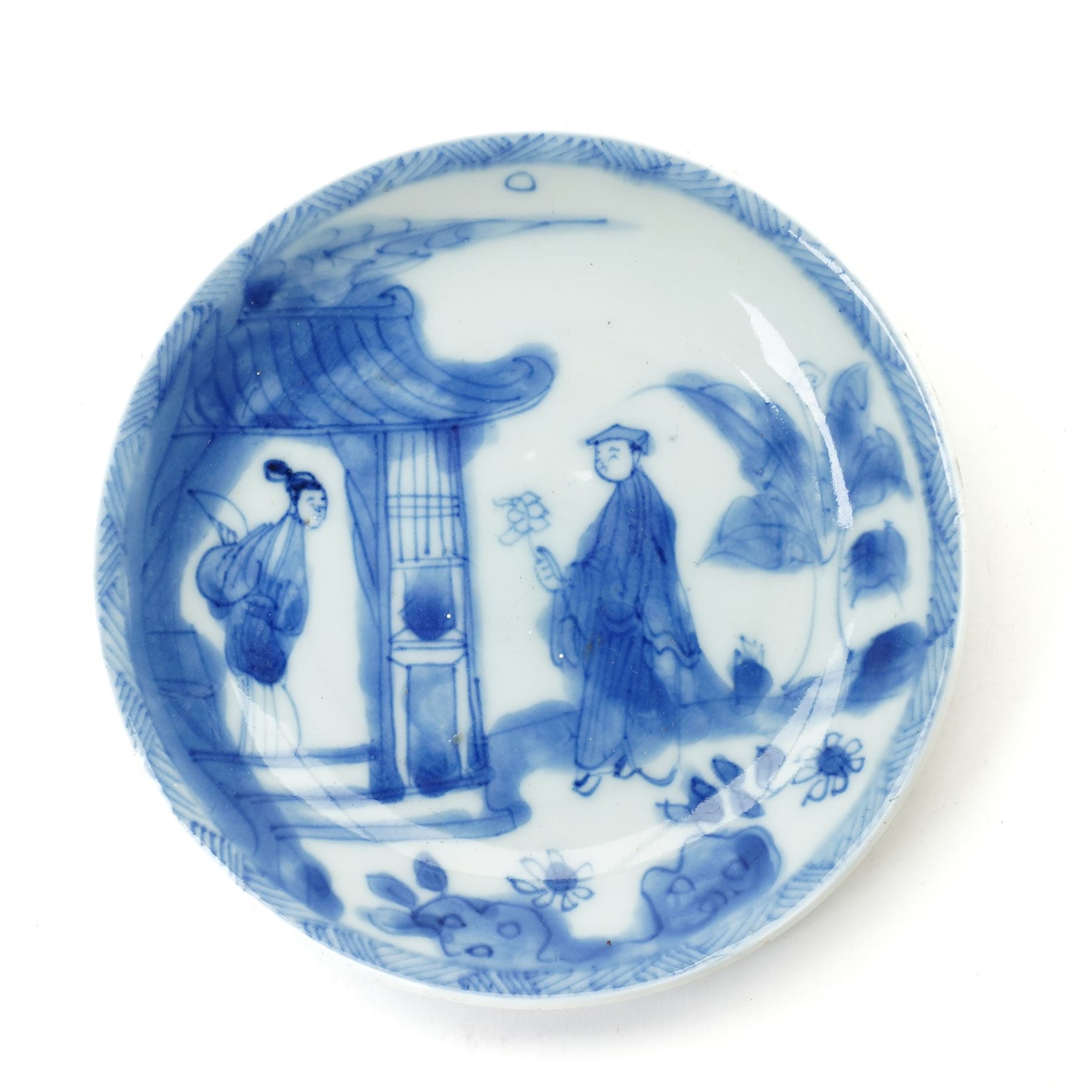 Pair of Chinese Kangxi period blue and white lobed dishes decorated with panels of fishermen, and another painted with a traditional scene, unmarked, D11.5cm; together with a Chinese millefleur dish, painted externally with bats, apocryphal Qianlong marks in red to base, D14.5cm (4)
