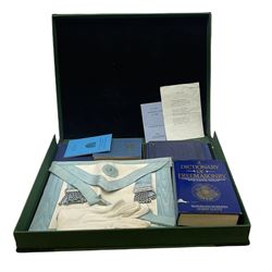 Masonic regalia to include, apron, gloves, books etc housed in a case
