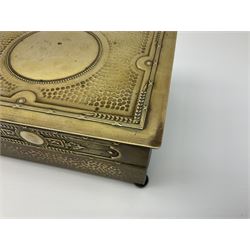 WMF brass and wood cigarette box, with planished decoration to the lid and side panels, bun feet and mark beneath, H8cm