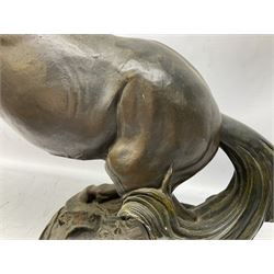 Large bronzed composite model of a rearing horse, upon a circular stepped base, H64.5cm