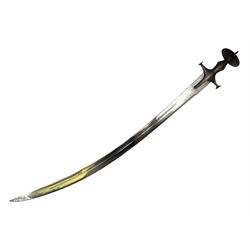 19th Century Indian Tulwar sword with 77cm single edged, slightly curved fullered blade;  steel crossguard, langets, grip and spiked disc pommel with stiff leaf decoration L90cm overall
