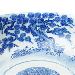 Japanese blue and white bowl, the central bowl painted with bird, surrounded by a border of trees, unmarked, D31cm 