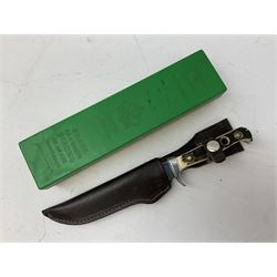 German Puma Skinner knife, the 13cm steel blade marked model 6393, serial No.55472 to guard, fixed blade, antler scales; in original hard plastic case; with brown leather sheath L29cm overall