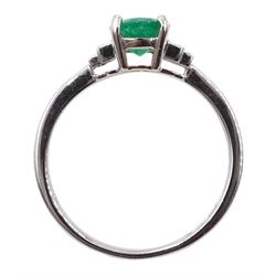18ct white gold oval emerald and four stone baguette diamond ring, hallmarked, emerald approx 0.80 carat