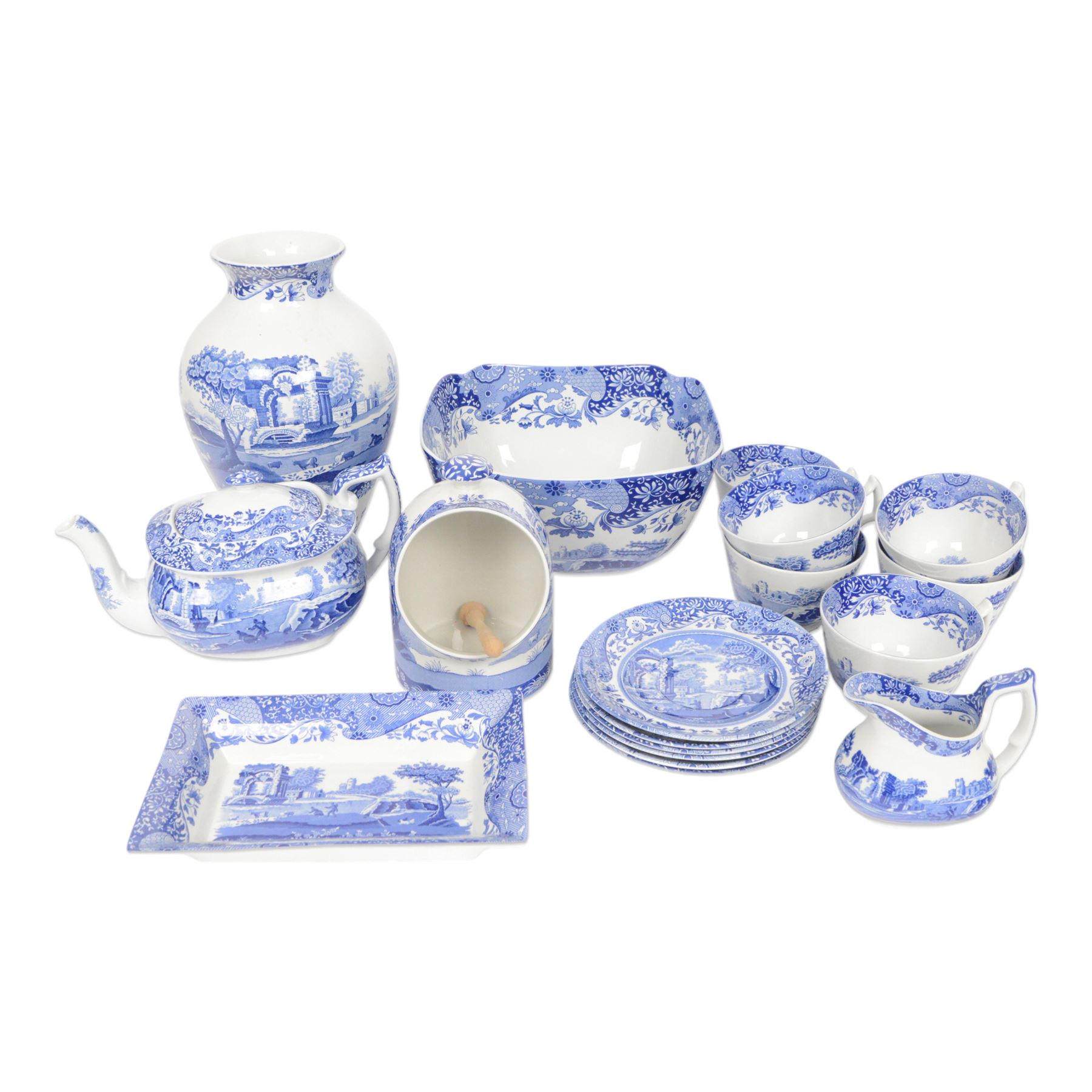 Spode blue Italian pattern, including six cups and saucers, salt pig etc 
