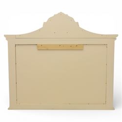 Contemporary French design white painted bedroom suite retailed by Barkers of Northallerton, comprising wide chest fitted with four short and four long drawers with oval brass handles (H 70cm, W 159cm, D 46cm), pair of bedside chests each fitted with three drawers (H 62cm, W 40cm, D 46cm), dressing table fitted with four short drawers and central kneehole with shaped apron (H 79cm, W 131cm, D 46cm) with matching framed wall mounted mirror (H 100cm, W 113cm), and full length standing mirror (H 175cm, W 73cm)