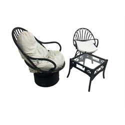 Mid-20th century conservatory suite: pair ebonsided bamboo tub shaped armchairs, with circular white loose seat cushion (W75cm H75cm); and matching square coffee table with glazed top (W51cm H45cm); and egg chair and smaller chair (5)