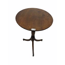 George III mahogany tripod table, oval tilt top on turned pedestal, plain splayed supports on globular feet