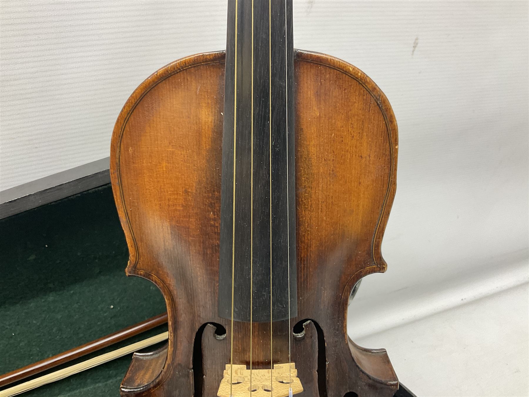 German Hopf violin c1900 with 35.5cm two-piece maple back impressed HOPF, maple ribs and spruce top, also marked HOPF internally L58.5cm overall; in Maidstone ebonised wooden coffin case with bow