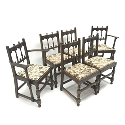 Ercol Old Colonial Yorkshire refectory table, shaped end supports joined by single stretcher, sledge feet (W152cm, H72cm, D77cm) and set six (4+2) matching dining chairs (W62cm)