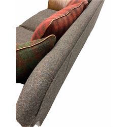 Smiths the Rink Tetrad sofa, upholstered in tan leather and Harris tweed