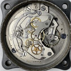 WW2 Jungans Luftwaffe aircraft cockpit clock with luminous centre sweep seconds hand, baton hour and minute hands, regulation 45mm black dial with date recorder, formerly illuminous Arabic numbers and minute track, rotating bezel (seized), going barrel movement with a lever escapement serial No 22901 jewelled to the centre wheel, over-sprung balance with timing  screws, max.H8cm