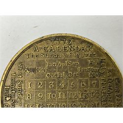 18th century brass calendar medal, for 1756, by John Powell, with moonphase calendar to reverse 
