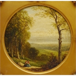  Figures on a Woodland Path, 19th century circular oil on panel unsigned 17cm dia. in square gilt moulded frame  