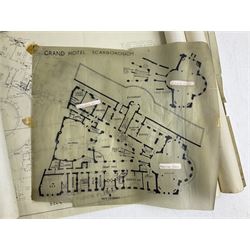 Collection of architectural plans and drawings related to The Grand Hotel, Scarborough, predominantly by Spiers and Pond Surveyors, London, dating from the 1920s to 1950s, to include Third Floor Plan New Bathrooms and Basins in Bedrooms on Landside 1929, Fourth Floor Plan by Alderson & Allen Chartered Architects 1952, 1940s amendments etc