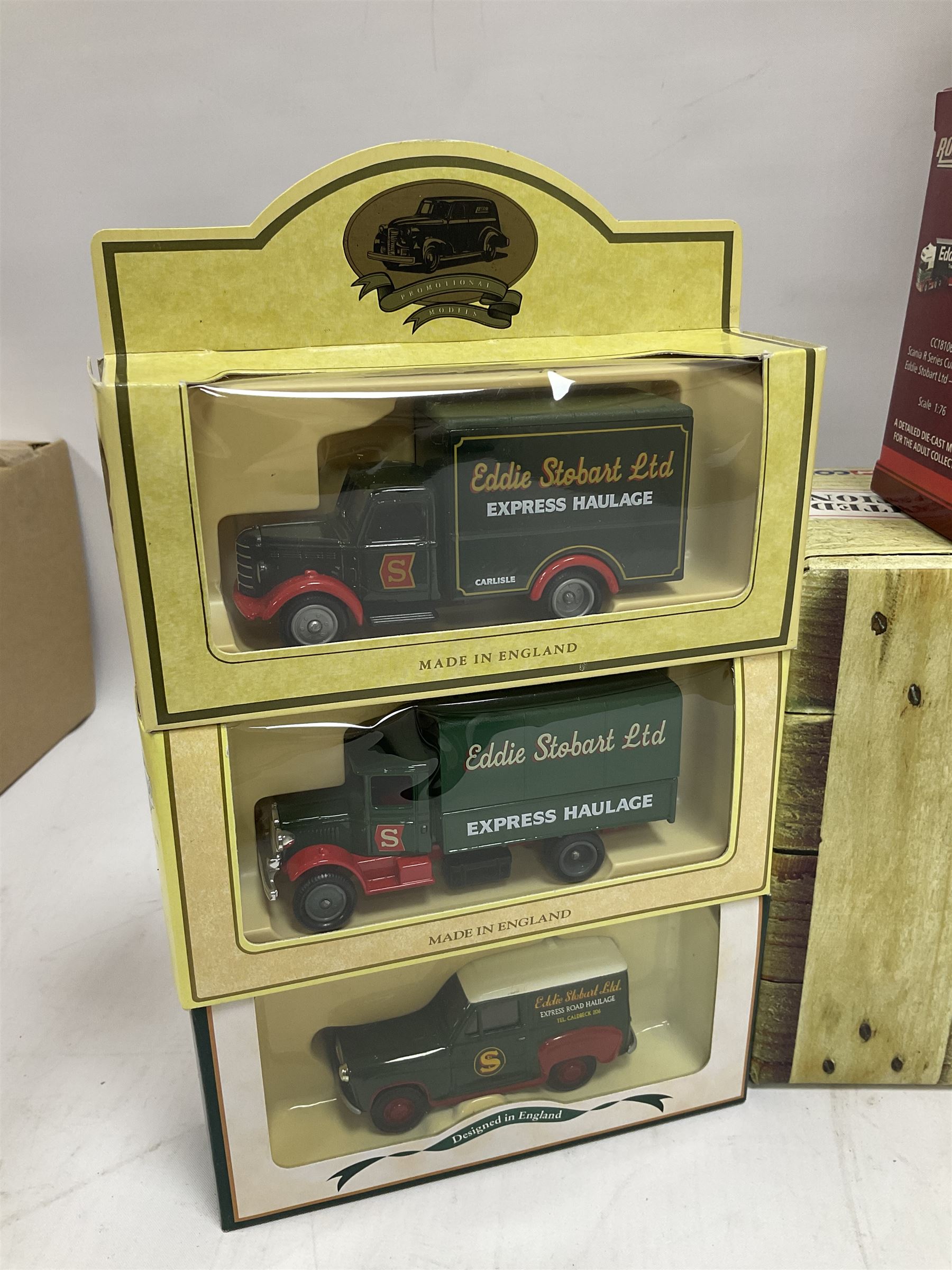 Corgi Eddie Stobart - eighteen promotional and advertising models including heavy haulage vehicles, coach, figures etc; and five others by Saico, Lledo and Atlas Editions; all boxed (23)