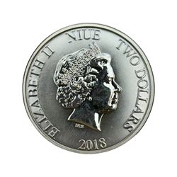 Five Queen Elizabeth II Niue one ounce fine silver two dollars coins dated 2016 'Turtle', 2017 'Panda', 2017 'Darth Vader', 2018 'Stormtrooper', 2019 'Clone trooper' and two Fiji one ounce fine silver one dollar coins dated 2015 'Iguana', 2016 'Iguana' (7)