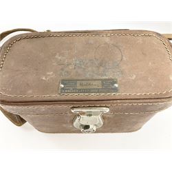 Black finished monocular microscope by Prior London No. 17372,  with pitchfork base and rack and pinion focusing, in original fitted wooden case with additional lenses, H32cm, together with Watts dumpy level, no. 116249, in a leather case