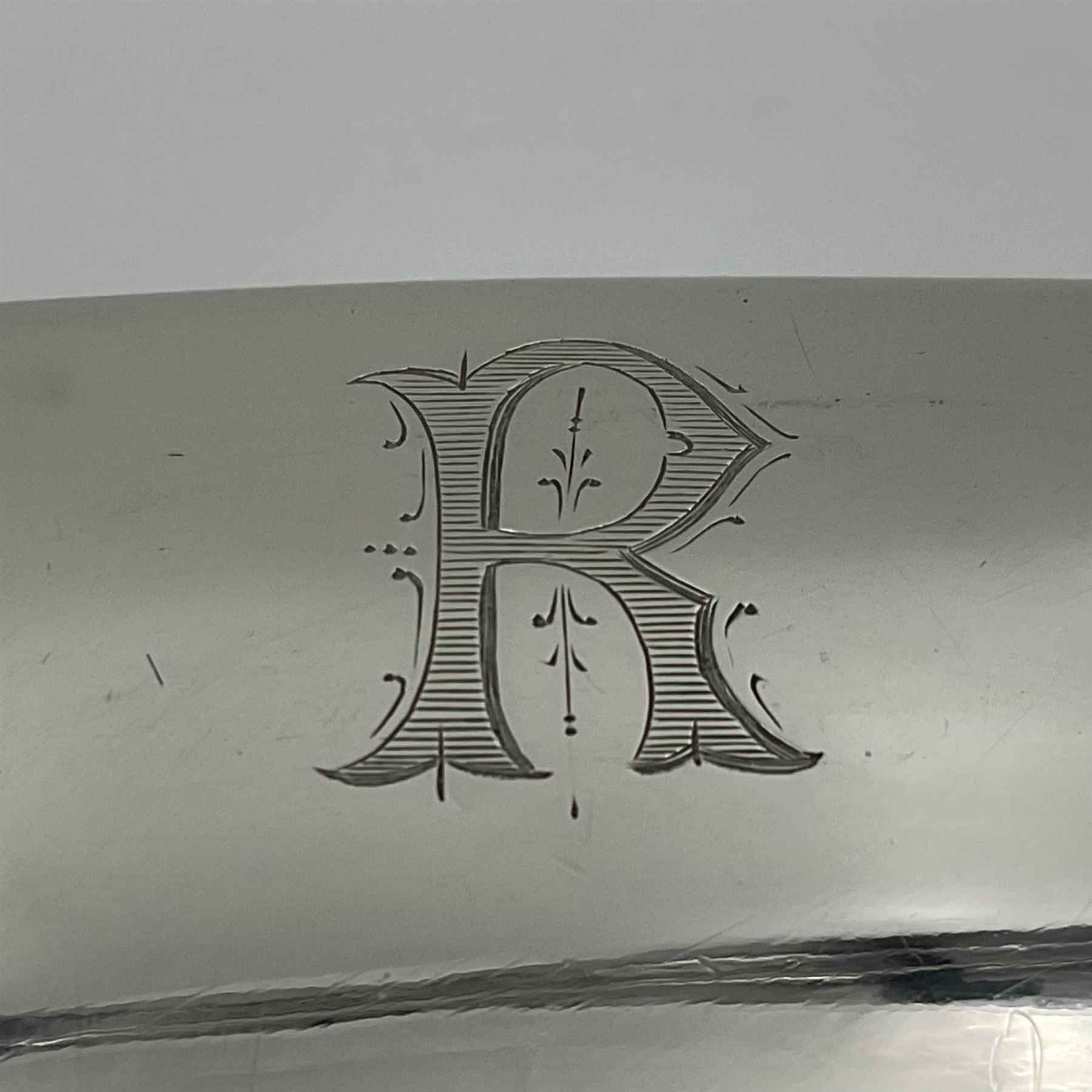 1920s silver twin-handled pedestal bowl, of navette form with twin bifurcated acanthus capped scroll handles, engraved with initial R to body and upon spreading oval foot, hallmarked Hawksworth, Eyre & Co Ltd, Sheffield 1925, including handles H21.8cm