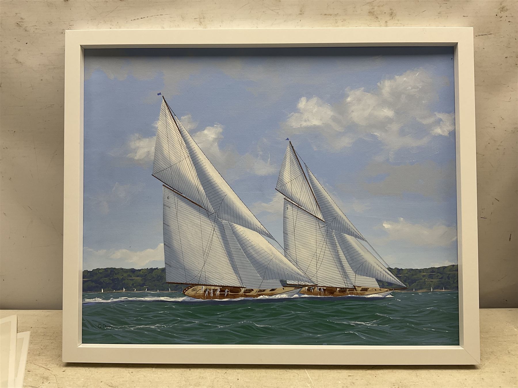 George Drury (British 1950-): 'Lulrock and Shamrock Racing On the Solent', oil on board signed, titled verso 39cm x 49cm