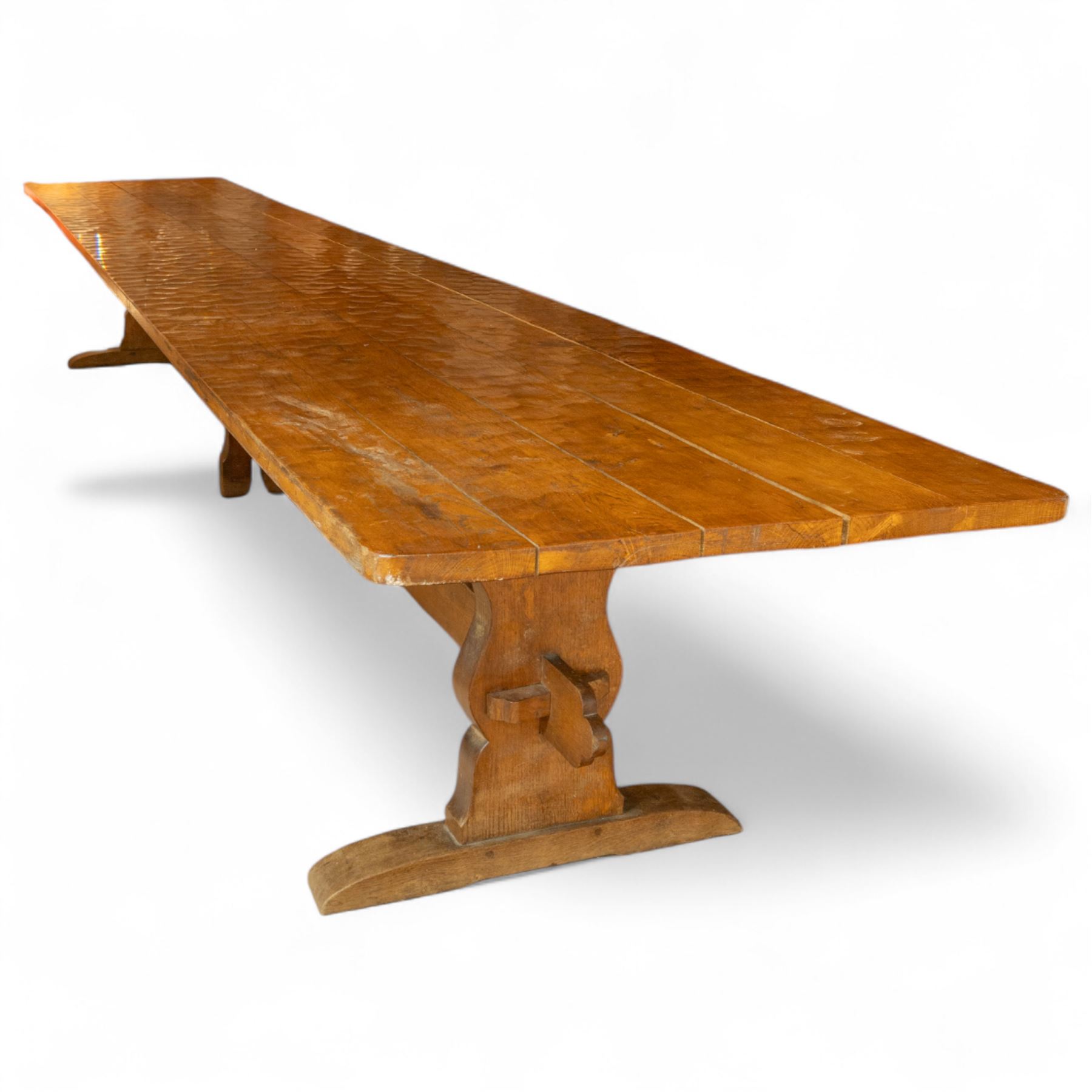 Gnomeman - 18ft adzed oak dining table, carved with gnome signature, by Thomas Whittaker, Littlebeck 