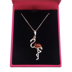 Silver Baltic amber flamingo pendant necklace, stamped 925