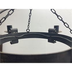 Pair of gothic style wrought iron ceiling lights, each with four branches, D58cm