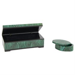 Mosaic malachite trinket box, of rectangular form, the hinged cover opening to reveal a black velvet interior, together with a smaller oval malachite box with removable cover, hinged box H4cm