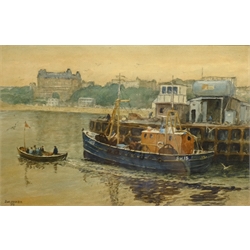 'Toil and Pleasure' - Scarborough Fishing Boat SH15 with the Grand Hotel in the background, watercolour signed and dated '78 by J W Hardy (Late 20th century), titled verso with artist's address label 22 Belle Vue Street Scarborough 34cm x 53cm  