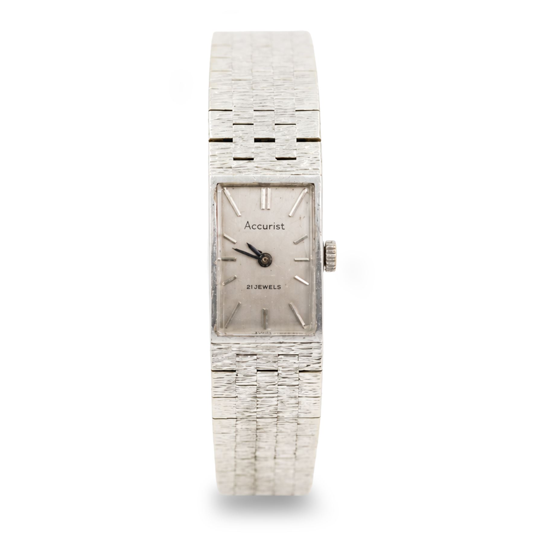 Accurist ladies 9ct white gold manual wind wristwatch, silvered dial with baton hour markers, on integral 9ct bracelet, London 1969
