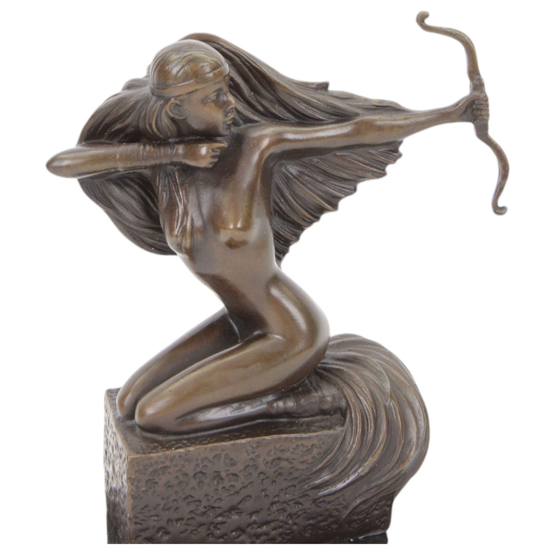 Bronze Sagittarius figure, modelled as a nude female figure with bow and arrow, signed Pino to base, upon marble plinth, H25cm 