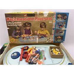 1970s Corgi Magic Roundabout Playground No.853; 1960s Bock Finland Pola600 table top football game; 1950s Pelham Puppet - Cowgirl; six Lledo Noddy in Toyland die-cast models; Good Soldiers set of five Noddy in Toyland cast metal figures; pair of Noddy and Big Ears painted wooden egg cups with hats; and DC Bronze Age Collection pair of Batmobiles; all boxed (13)