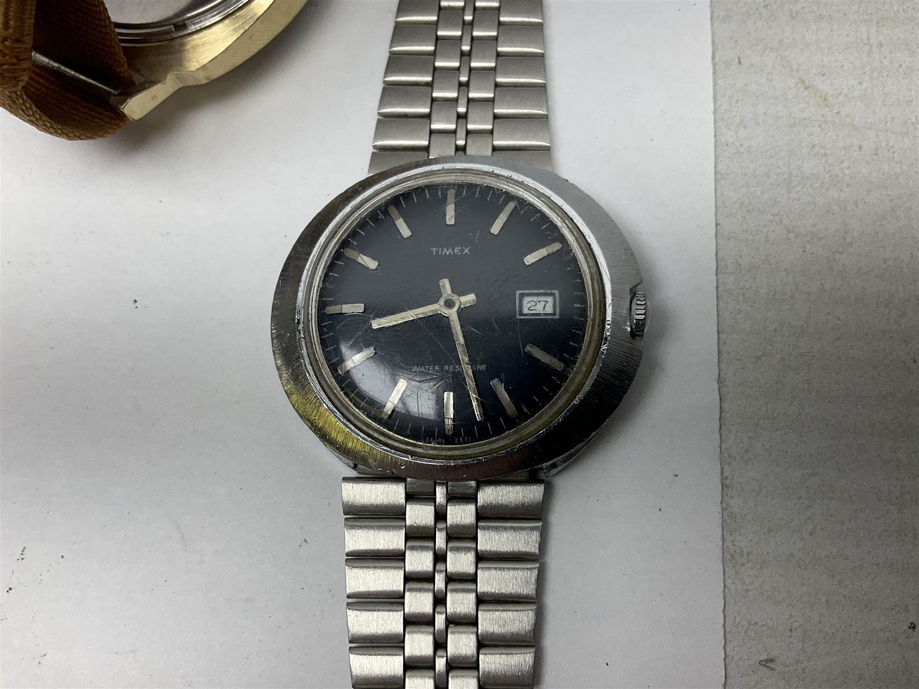Four wristwatches including Seiko automatic Sekonda Timex and Ingersoll silver Acme Lever pocket watch by H Samuel 9ct gold keepers ring silver and 9ct gold paste stone set cluster ring silver a