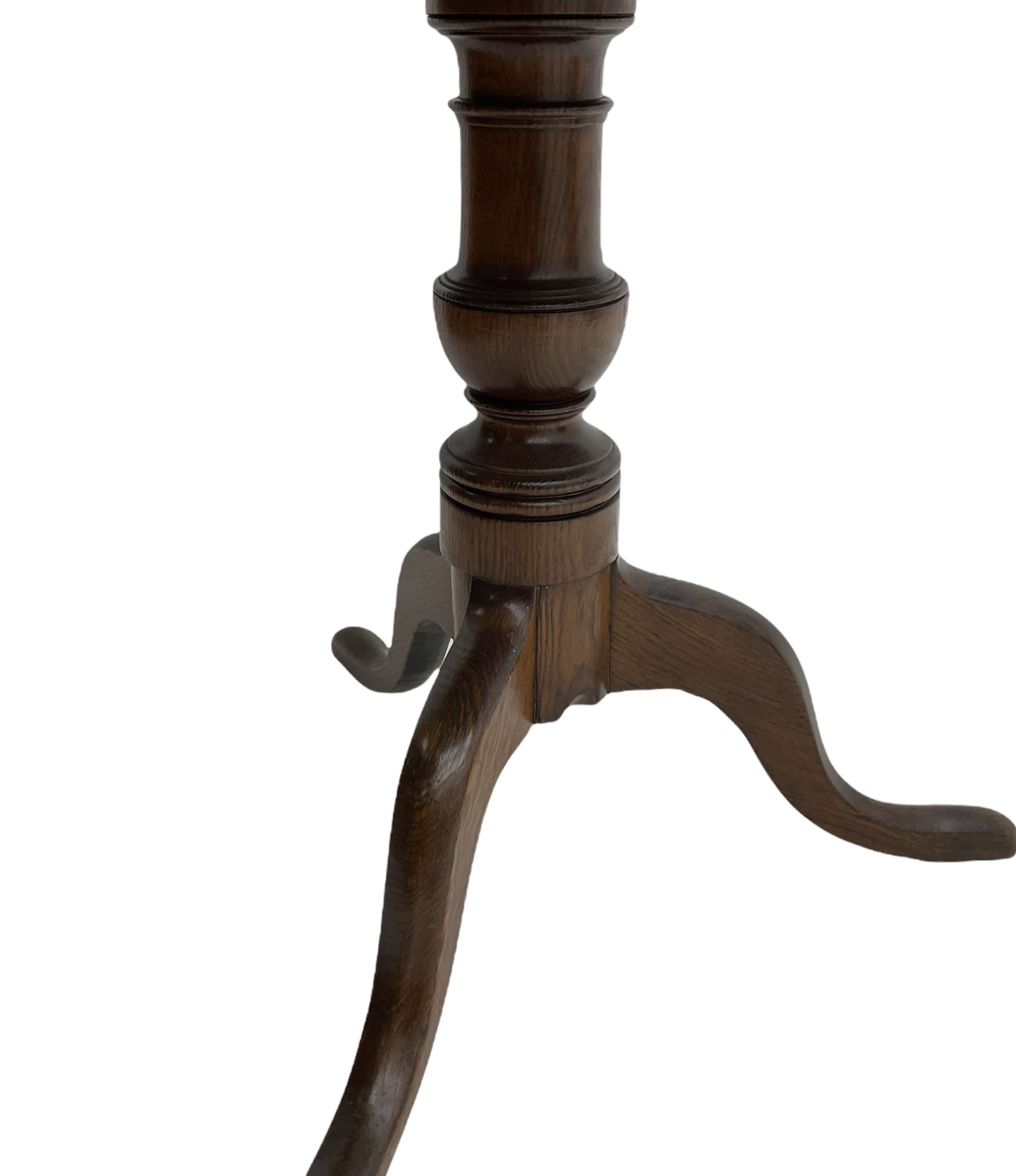 19th century oak pedestal table, circular snap top, tripod base