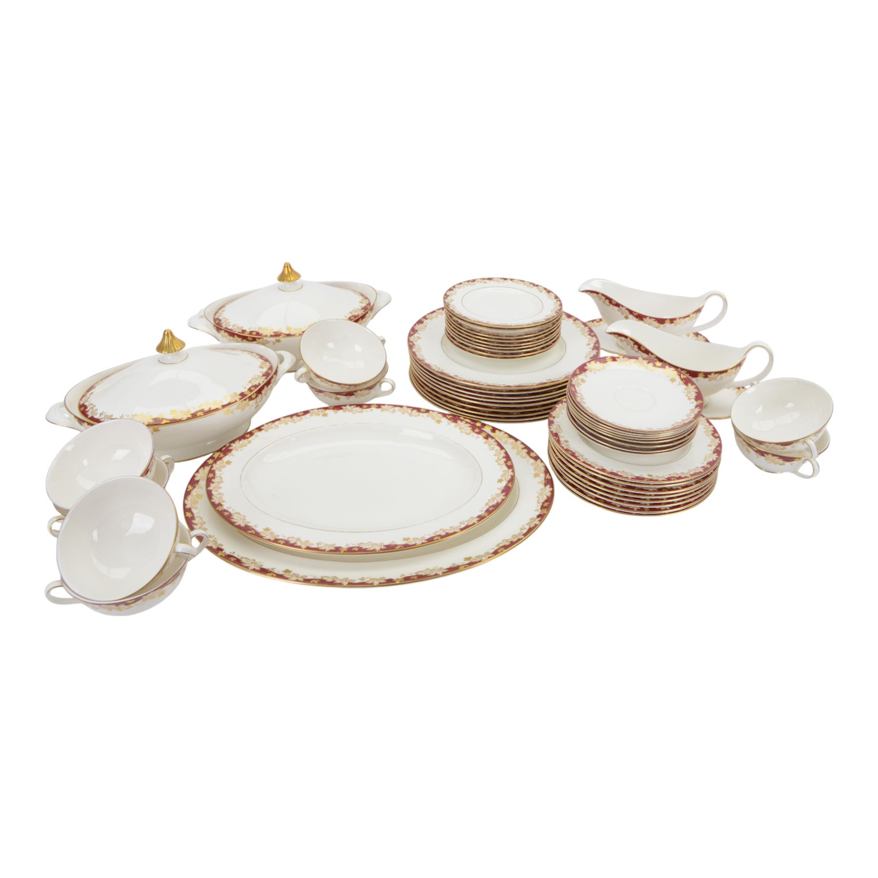 Royal Doulton Winthrop dinner service for eight, including dinner plates, side plates, twin handled bowls and saucers, two covered dishes, two sauceboats and saucers etc 