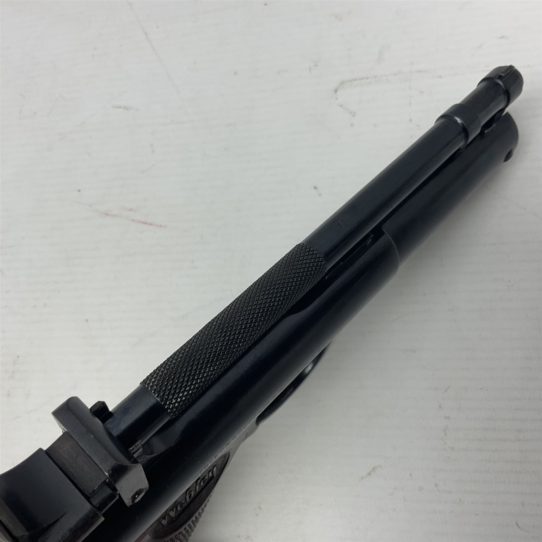 Webley Senior .22 cal. air pistol with top lever action, serial no.273; in original box with label under lid; together with two tins of pellets NB: AGE RESTRICTIONS APPLY TO THE PURCHASE OF AIR WEAPONS.