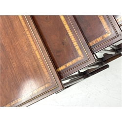 Edwardian mahogany quartetto nest of four occasional tables, all with satinwood banded rectangular tops, turned pillar supports on sledge feet, W54cm, H70cm, D38cm