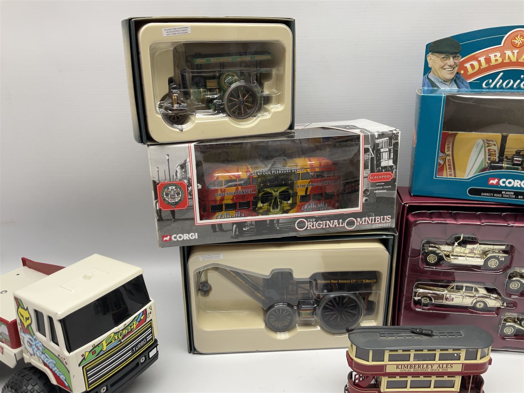 Two Corgi ‘Vintage Glory of Steam’ models, ‘Blackpool Balloon Tram’ and ‘Garrett Road Tractor’ models, all boxed, two further Corgi models, Lledo The Queen Mother commemorative set, etc 