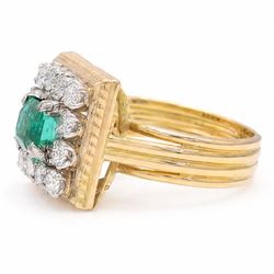 French 18ct gold emerald and diamond cluster ring, single octagonal cut emerald of approx 1.00 carat, surrounded by twelve round brilliant cut diamonds in a square setting, Eagle hallmark, total diamond weight approx 0.85 carat
