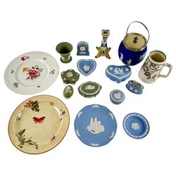 Collection Wedgwood Jasperware including clock, lighter, biscuit barrel and trinket boxes,...