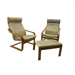 Ikea - pair of 'Poang' cantilever armchairs, upholstered in tan leather; complete with matching footstool (3)