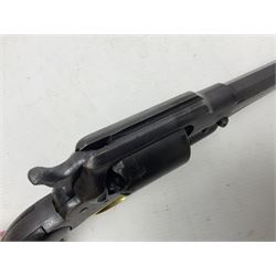 Unmarked Spencer & Rogers type Remington style .44 cal. six-shot percussion revolver, 20cm octagonal barrel with loading lever under, brass trigger guard and two-piece wooden grip L37cm overall; together with a framed watercolour by Alan J. Gray dated 2009 entitled 'The Remington .44 Calibre 1861 Navy Revolver'  19 x 42cm (2)