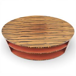Toby Winteringham - Mid 20th century zebra wood coffee table, oval top with book matched striped veneers over two open tiers painted red, the curved end supports and continuous plinth base veneered to match, recessed plinth base 