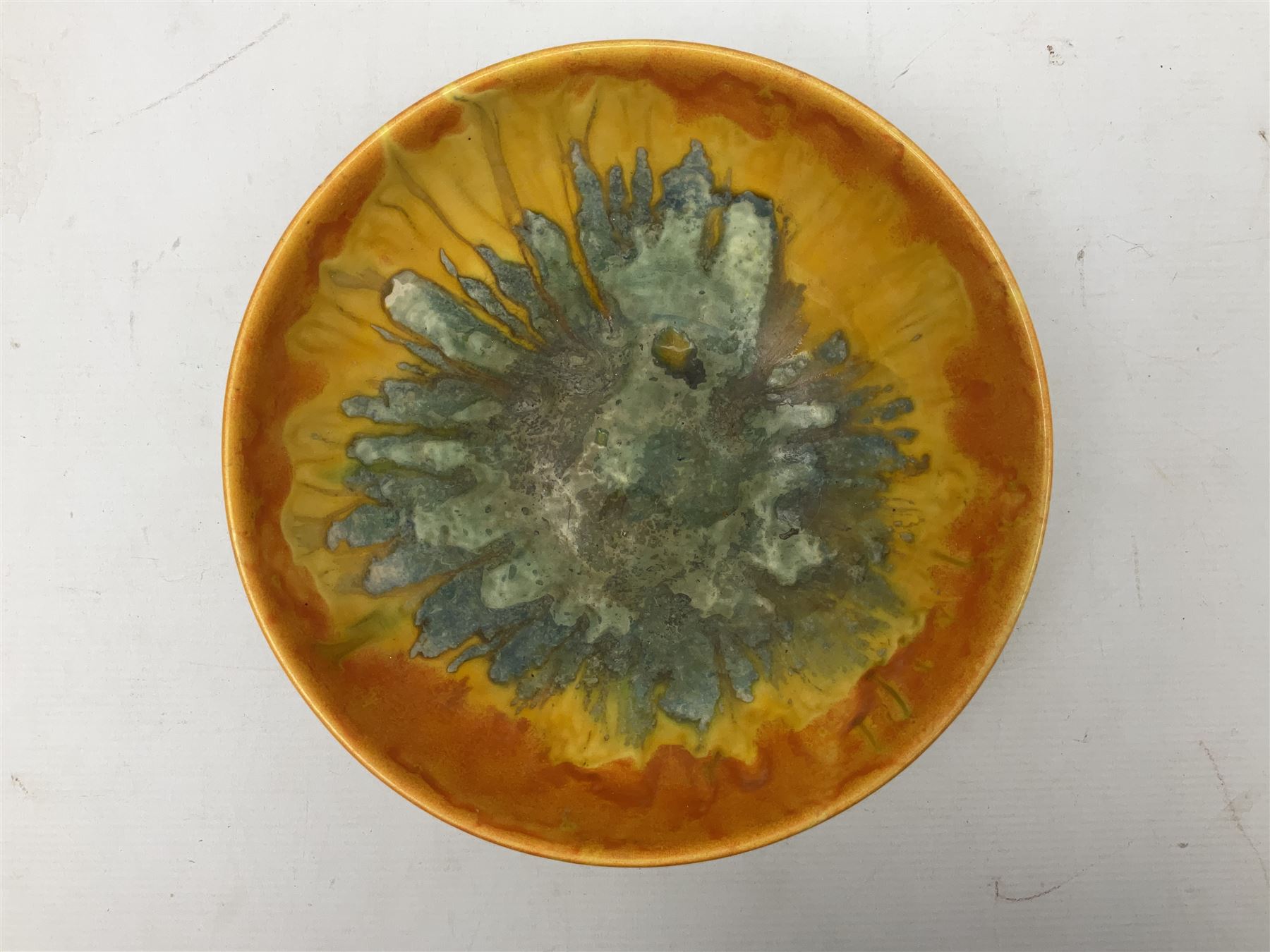 Crown Ducal bowl with orange and teal drip glaze decoration, D25cm H10cm