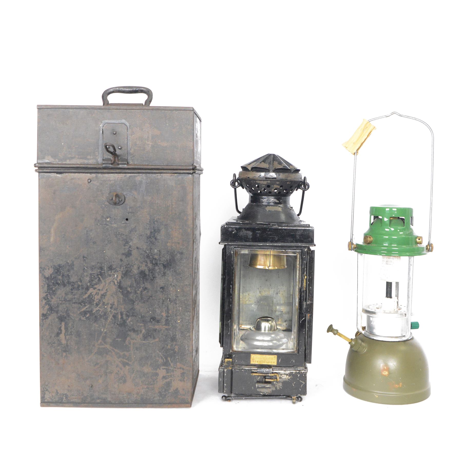 WWI British Officers paraffin lamp by JC & W Lord, Birmingham, complete with carrying case containing fuel can, together with a military issued Bialladin lamp with broad arrow marked 1955